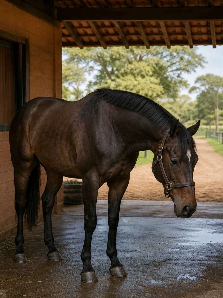 Antes: Cavalo com postura menos ativa e pelagem de aspecto opaco.