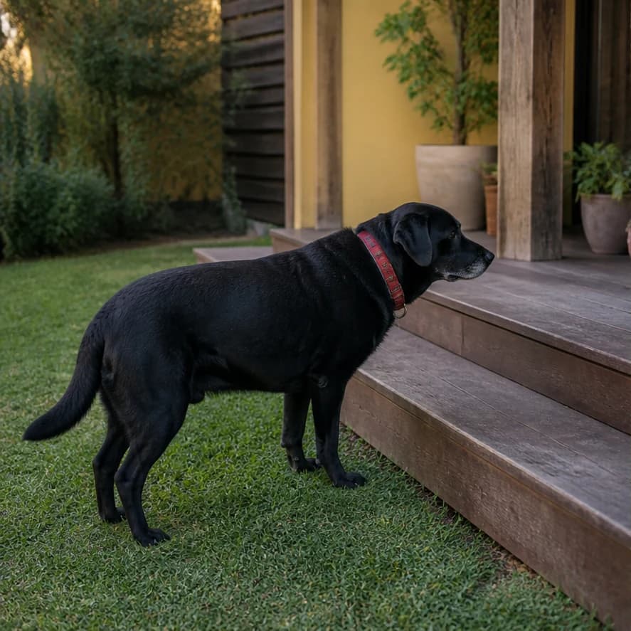 Antes: Cão hesitante diante dos degraus, com movimento cauteloso.