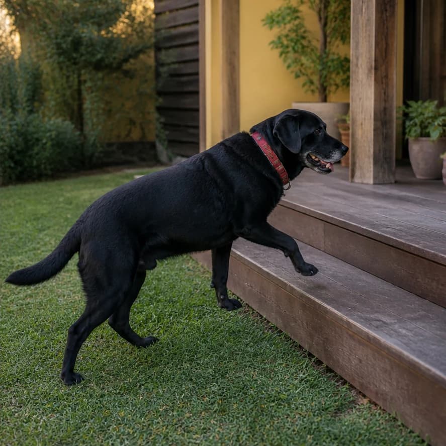 Depois: Cão subindo os degraus com movimento visualmente mais confortável.